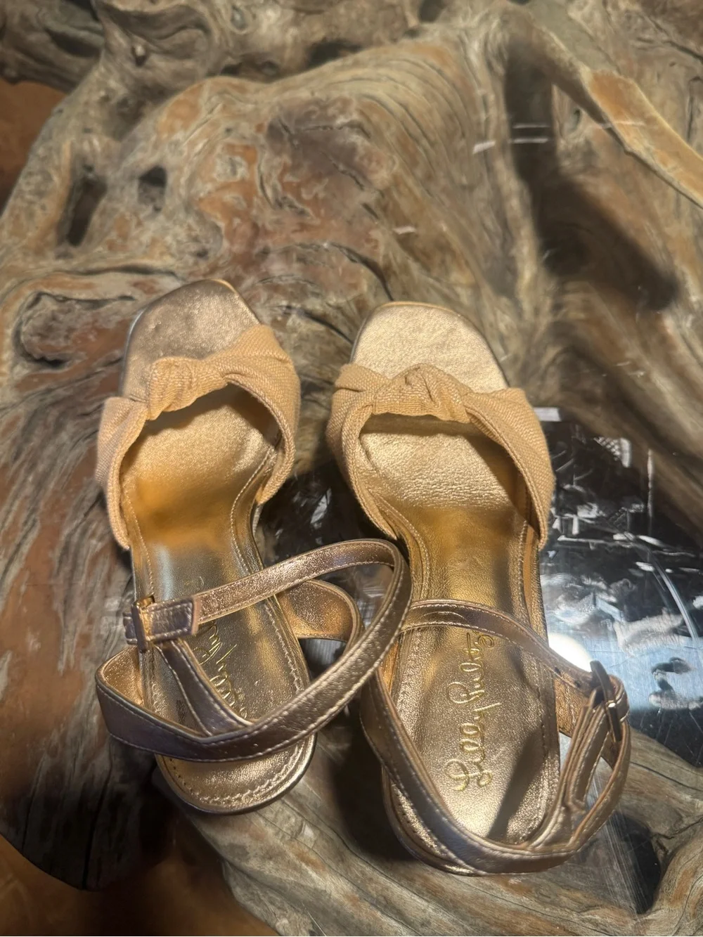 Lilly Pulitzer Gold Metallic & Beige Knotted Wedge Sandals